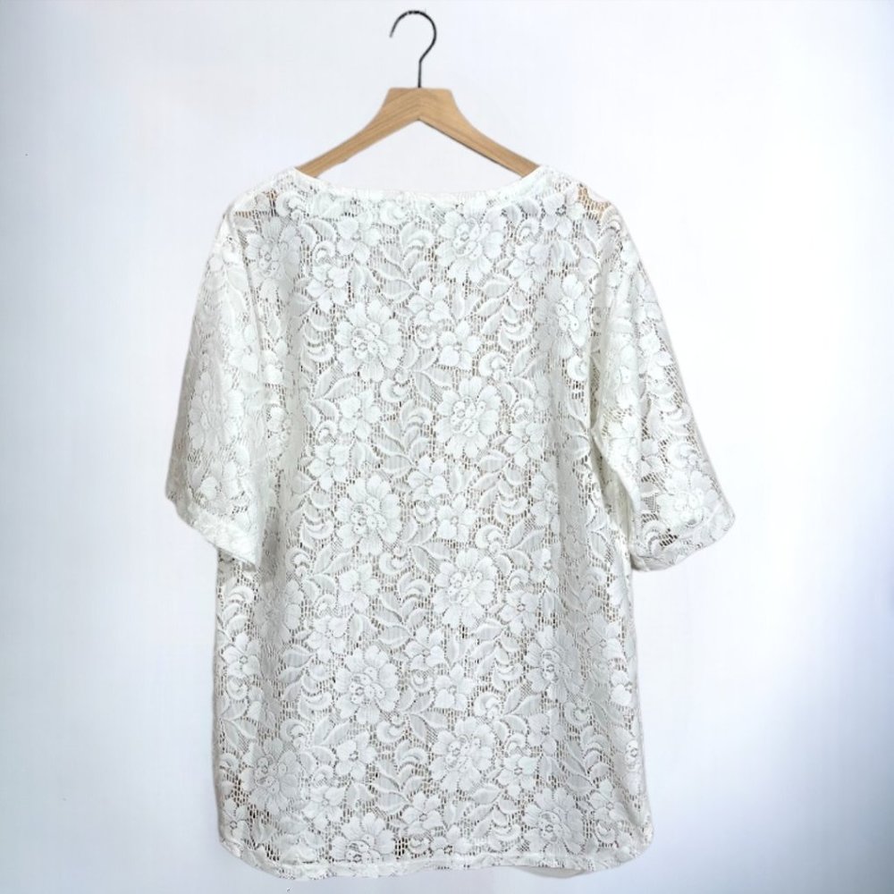 Women’s White Floral Lace See Thru Elbow Length Tunic / Swim Cover Up